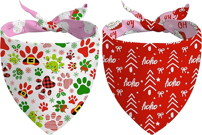 Christmas Dog Bandanas Reversible 2 Pack, Cute Santa Claus Dog Paw Tree Snowman Christmas Pet Bandanas Set Adjustable Triangle Winter Xmas Holiday Scarves for Medium Large Extra Large Boy Girl Dogs