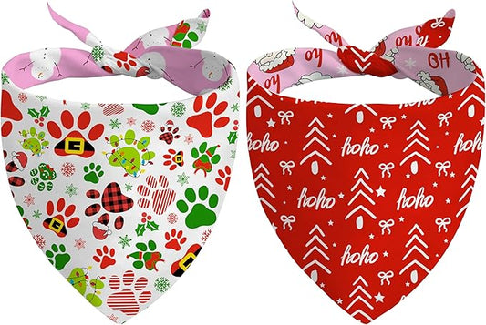 Christmas Dog Bandanas Reversible 2 Pack, Cute Santa Claus Dog Paw Tree Snowman Christmas Pet Bandanas Set Adjustable Triangle Winter Xmas Holiday Scarves for Medium Large Extra Large Boy Girl Dogs