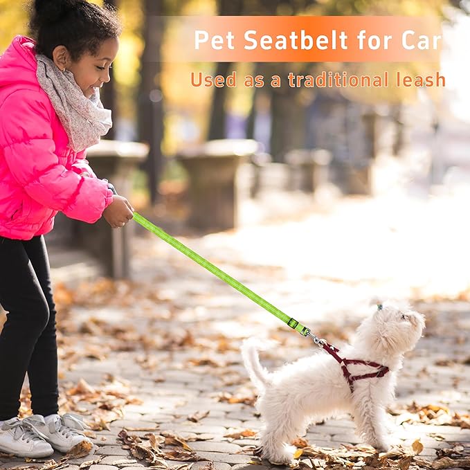 Seyezo Dog Car Seat Belt - 3 Piece Set Retractable Dog Harness with Adjustable Reflective Seatbelt for Vehicle Headrests - Heavy Duty & High Elastics - Green