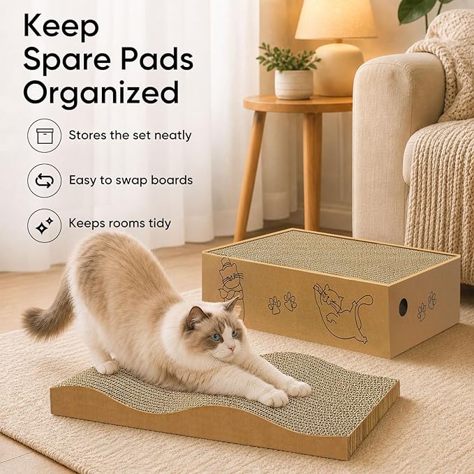 5 Packs Cat Scratcher Set with Storage Box, 2 Wave Lounge Pads + 3 Flat Corrugated Cardboard Scratch Pads for Indoor Cats, Replaceable Scratch Boards to Protect Furniture