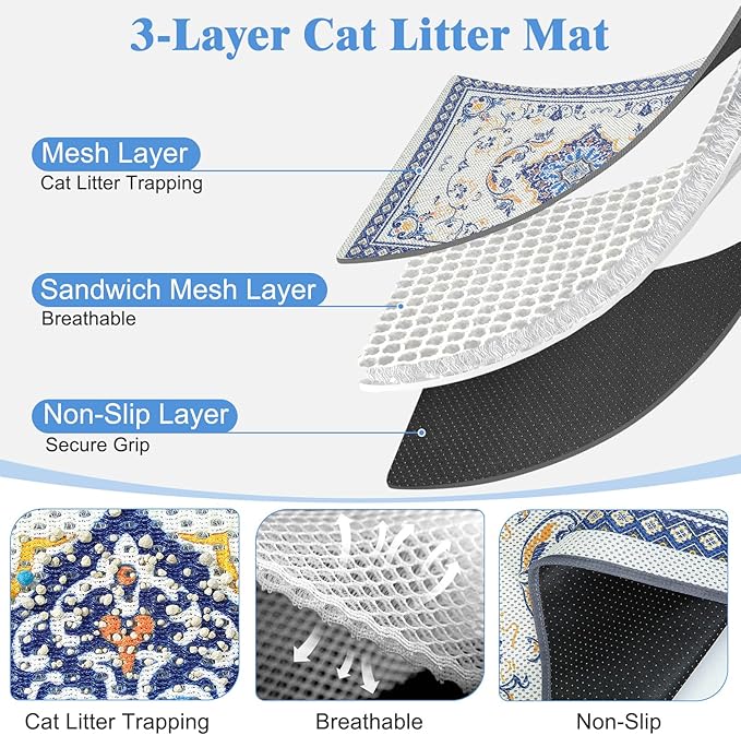 Unicorn Catcher 24X15in Cat Litter Mat Machine Washable Soft 3D Air Mesh Litter Box Rug Non-Slip Backing Quick Dry Scatter Control for Paws,Blue