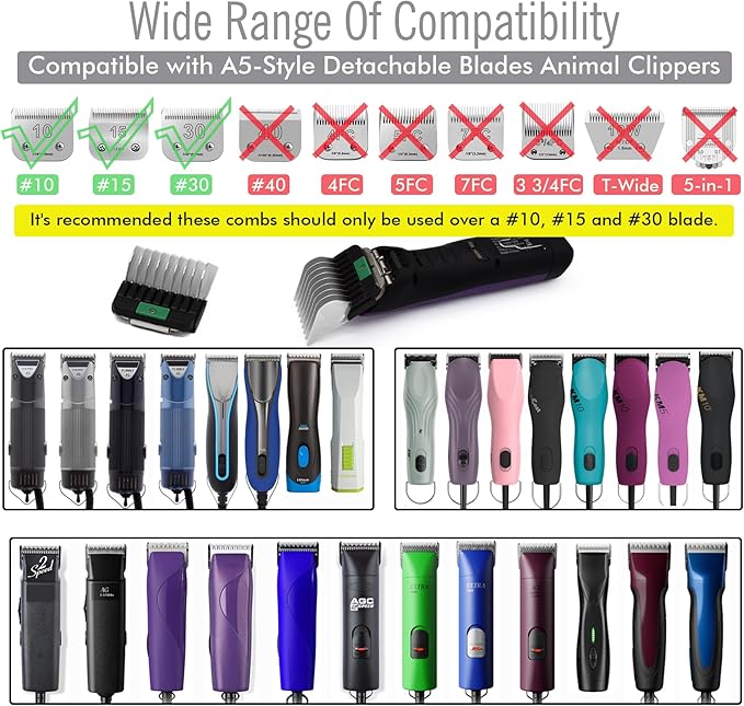 Professional A5-Style Animal Clipper Stainless Steel Color-Coded Snap-on Attachment Guard Guide Comb, 1/8"-1" Compatible with Wahl KM Series Oster A5 Andis Detachable Blade Pet Dog Groomers (#7-7/8")