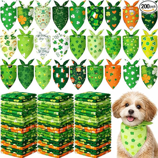 Abbylike 200 Pcs St Patricks Day Dog Bandanas Bulk Green Shamrocks Bandanas for Dogs Triangle Kerchief Bibs Scarf Set for Pet Irish Party Costume Photo Props Accessories Pet Shops Groomer, 25 Styles