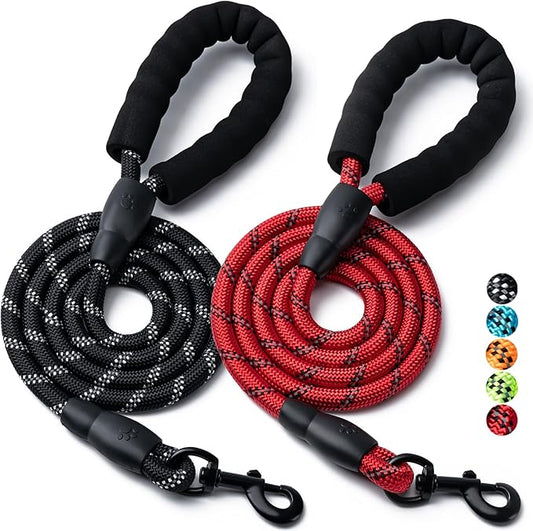 2 Pack Dog Leash, 4/5//6 FT Heavy Duty Nylon Rope Pet Leashes with Comfortable Padded Handle, Reflective Dog Leashes for Small Medium and Large Dogs (5FT-3/8,Black/Red)
