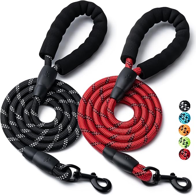 2 Pack Dog Leash, 4/5//6 FT Heavy Duty Nylon Rope Pet Leashes with Comfortable Padded Handle, Reflective Dog Leashes for Small Medium and Large Dogs (6FT-1/2,Black/Red)