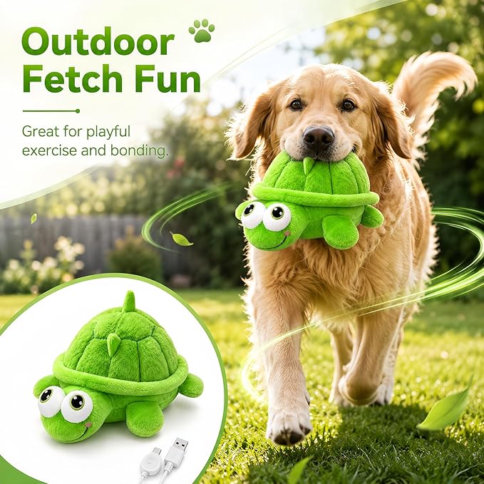 Interactive Dog Toys, Moving Turtle Dog Toy with Bouncing Ball & Music, Rechargeable Plush Dog Toy for Small Medium Large Dogs, Automatic Self Play Dog Toy to Keep Dogs Busy for Indoor Outdoor Play