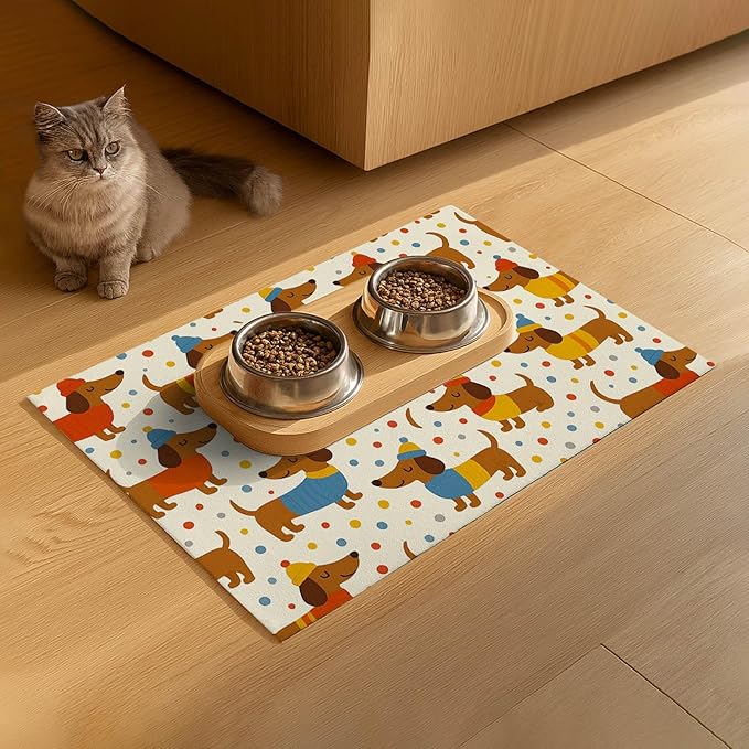 HOMETITUTE Adorable Dachshund Puppy Pet Food Mat with Colorful Polka Dot Pattern Pet Bowl Mat for Dogs and Cats Non Slip Feeding Mats Easy Clean Fast Dry Cat and Dog Feedings Mats 20" x 12"