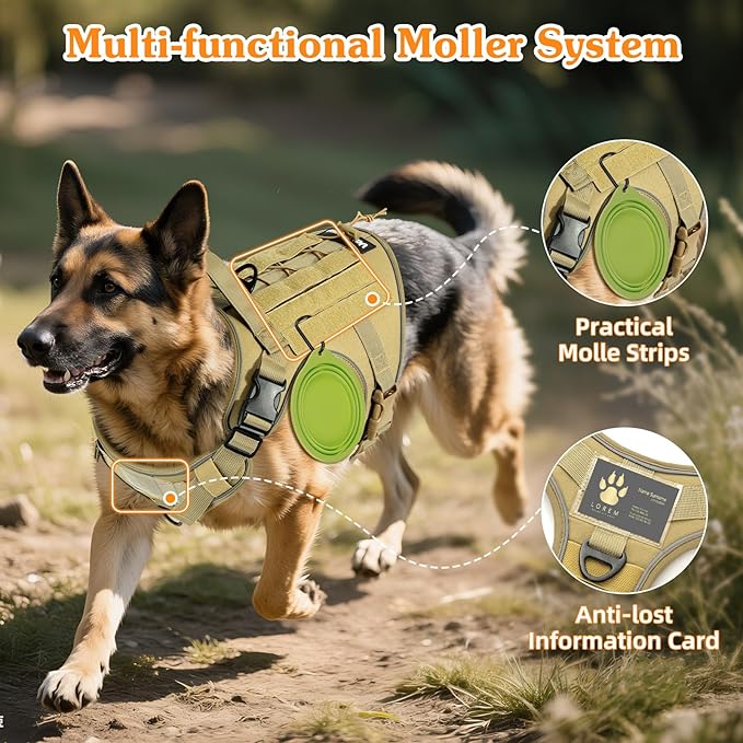VavoPaw Heavy Duty Tactical Dog Harness for Large Dogs, No Pull Adjustable Pet Harness Reflective Service Training Easy Control Pet Vest Military K9 Working Dog Harnesses, Army Yellow, L