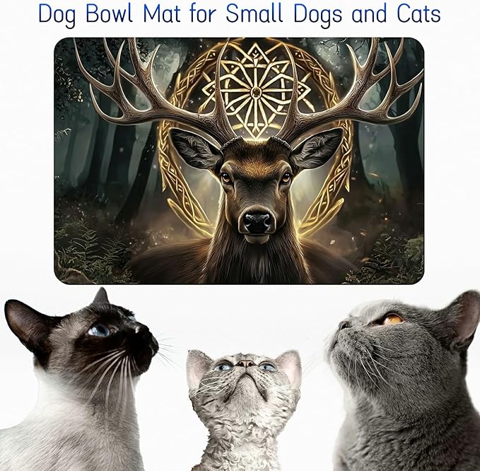 Dog Food Mat, 19.6" x 23.6" Absorbent Pet Feeding Mat for Food and Water, Waterproof Diatom Mud Pet Placemat with Non-Slip Rubber Backing, Easy Clean Cat Bowl Mat for Floors - Art Deer Head