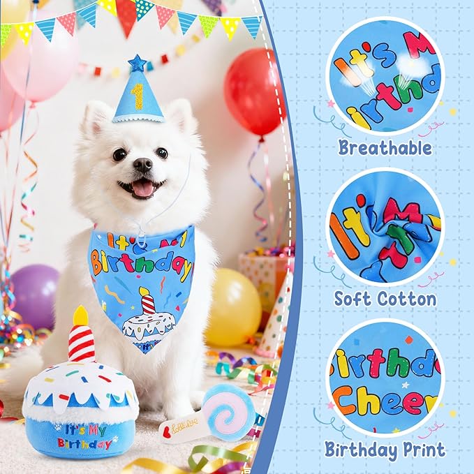 KIPRITII Dog Birthday Party Supplies – Dog Squeak Toys, Birthday Bandana & Hat for Small Dogs, Interactive Puppy Plush Toys to Relieve Boredom