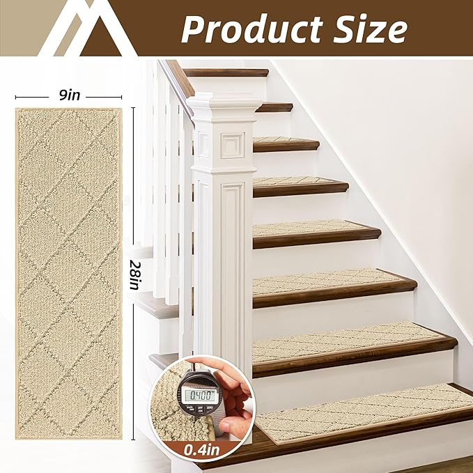 COSY HOMEER Stair Treads for Wooden Steps 9"x28",Washable Non Slip Carpet Stair Treads with Reusable Residue Free Backing Soft Peel and Stick Stair Runner Rugs for Kids Elders Pets,Warm Beige,4pcs