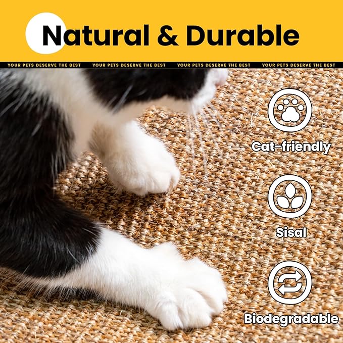Conlun Cat Scratcher Mat,Natural Sisal Cat Scratch Pad with Hook&Loop Tape,Horizontal Floor Kitten Scratching Pads Rug for Indoor,Pet Furniture Protector for Couch&Carpets&Sofas, Large, Brown