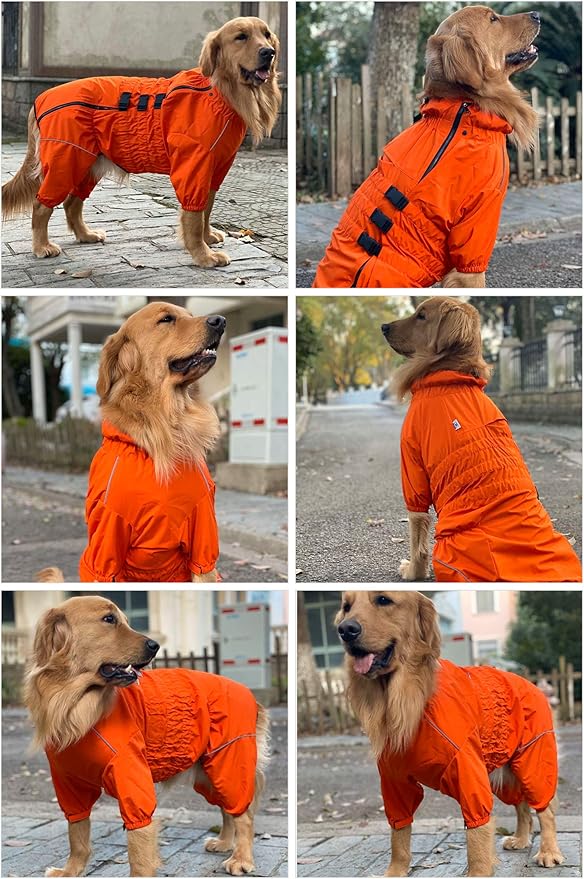 Lovelonglong Waterproof Dog Raincoat – 4-Leg Full Body Dog Rain Suit with Reflective Strips & Leash Opening, Outdoor Dog Jacket for Rainy Weather