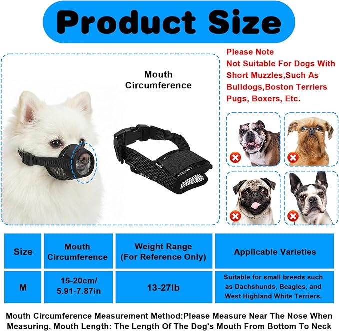 Ouligay 2 PCS Soft Mesh Dog Muzzle for Small Dogs Short Snout Breathable Dog Mouth Guard Puppy Muzzle Dogs Muzzles for Short Snoutbiting Chewing Grooming, Allow Panting Drinking (Black,M)