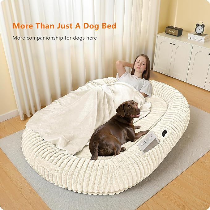 Human Dog Bed for Adult, Reversible Orthopedic Gel Memory Foam Cushion, Washable Corduroy Fleece, Plump Edge with Blanket, Storage Pocket, Strap, 71"x47.2"x9", Extra Large, Beige