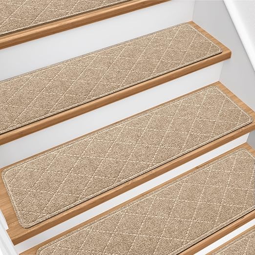 Stair Treads for Wooden Steps 10 PCS - 8’’ x 30’’, Non Slip Stair Runner, Machine Washable Stair Rugs Strips for Kids Pets and Elderly, Indoor Carpet for Stairs (Khaki)