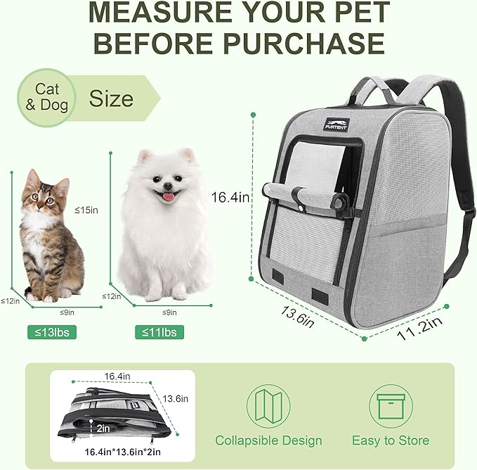 Pet Backpack Carrier for Small Dogs and Cats, Comfortable Portable Cat Bag for Travel Use with Ventilated Mesh, Safety Strap, and Easy-Clean Waterproof Fabric, Grey