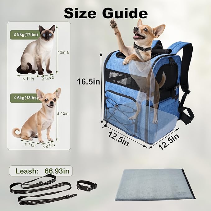 Dog Carrier Backpack for Small Dogs - Breathable Mesh Hiking Bag with Safety Buckle, Adjustable Straps and Elevated Pad - Durable for Hiking (Fits Small Cats Too, Up to 17lbs, Blue)