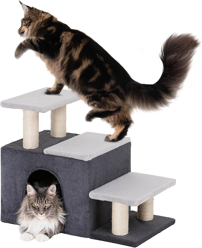Aechonow 3-in-1 Pet Stairs for Cats, Dog Steps for Doggie Rabbits,7.8'' Depth Cat Stairs,Indoor Cat Steps for High Bed for Pet's Joints, Soft Plush, 1 Big Cat Condo Cave, Sisal Scratcher, Grey, Large