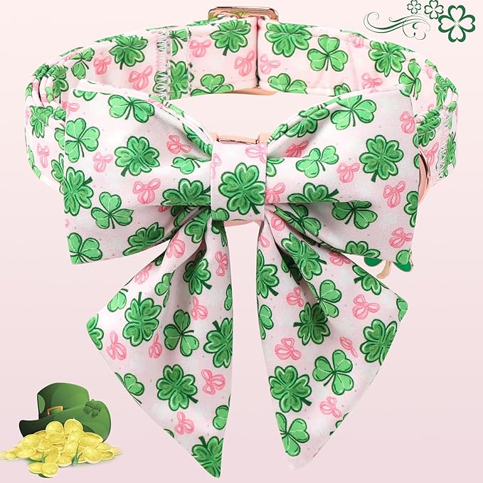DOGWONG St. Patrick's Day Shamrock Dog Collar with Sailor Bow,Pink Green Four Leaf Clover Pattern Dog Collar, Adjustable Durable Soft Collars Irish Gift for Girl Female Dogs,M