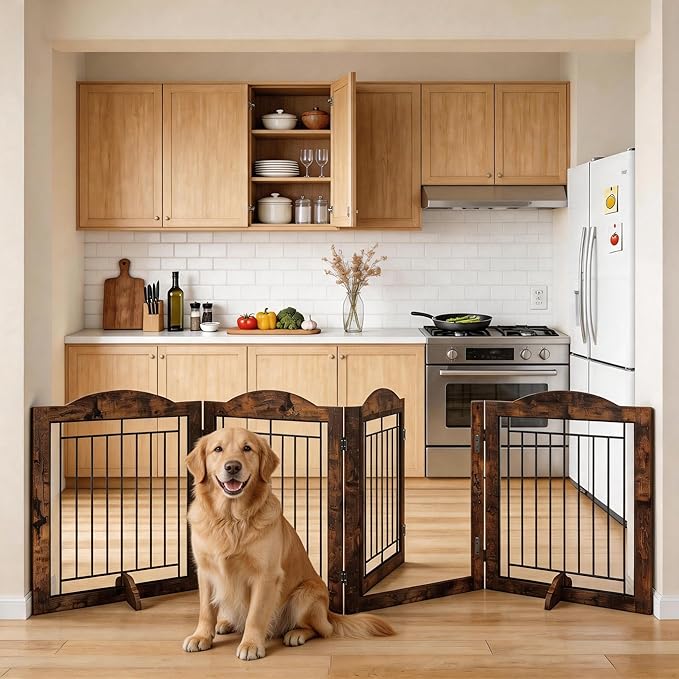 Vantas Folding No-Assembly Dog Door Pet Gate 96" Wide, 30" Tall Wooden Dog Gate with Door Walk Through, Freestanding Wire Pet Gate, Pet Puppy Safety Fence, with 2PCS Support – Rustic Brown