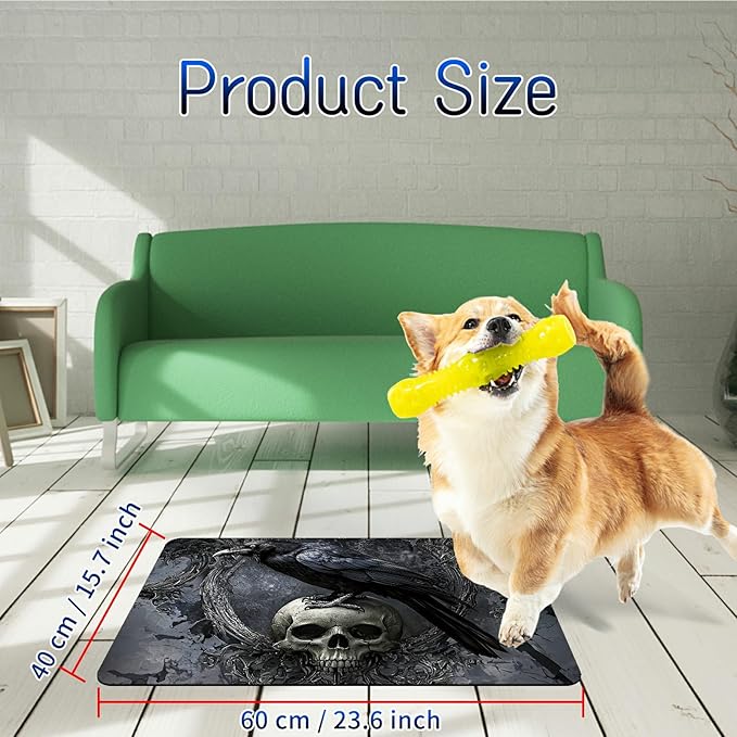 Dog Food Mat, 15.7" x 23.6" Absorbent Pet Feeding Mat for Food and Water, Waterproof Diatom Mud Pet Placemat with Non-Slip Rubber Backing, Easy Clean Cat Bowl Mat for Floors - Gray Eagle Skull