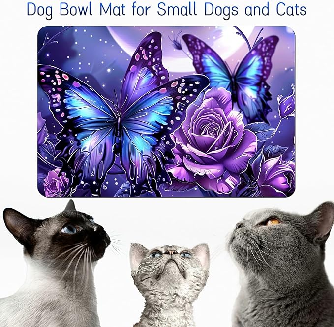 Dog Food Mat, 19.6" x 23.6" Absorbent Pet Feeding Mat for Food and Water, Waterproof Diatom Mud Pet Placemat with Non-Slip Rubber Backing, Cat Bowl Mat for Floors - Purple Butterfly 2