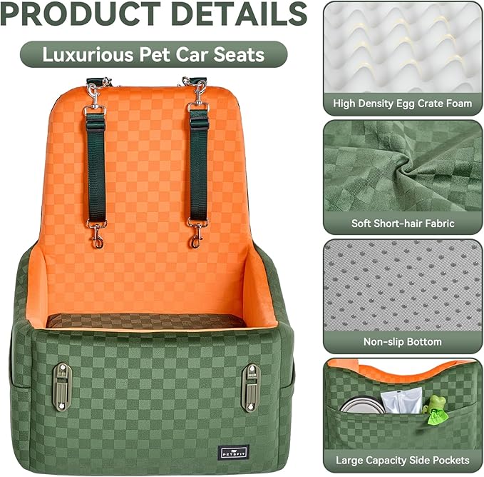 PETSFIT Dog Car Seat for Small/Medium Dogs Up to 35 lbs – Patented Safety System, 5" Memory Foam Pet Car Seat, Fully Detachable and Washable Cover, Front/Back Seat Travel Booster (Green & Orange)