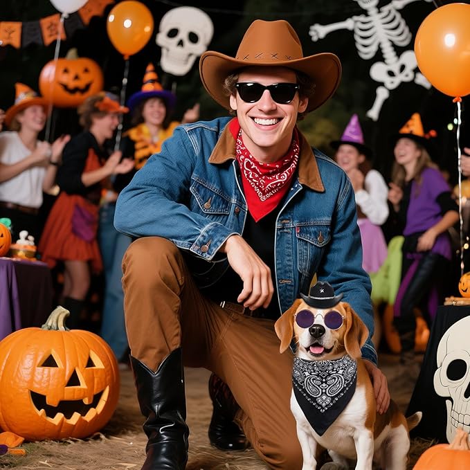 3 Pcs Pet Cowboy Costume Cowboy Hat Bandanas with Sunglasses for Cats and Dogs for Halloween Christmas Holiday Party Cosplay (Black)