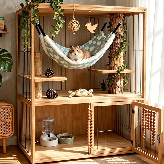 Guinea Pig Ferret Hammock for Cage - Machine Washable Double-Decker Hanging Bed - Fits Sugar Glider,Rat,Hamster,Gerbil - 13.3" x 13.3" - Love Green Pattern