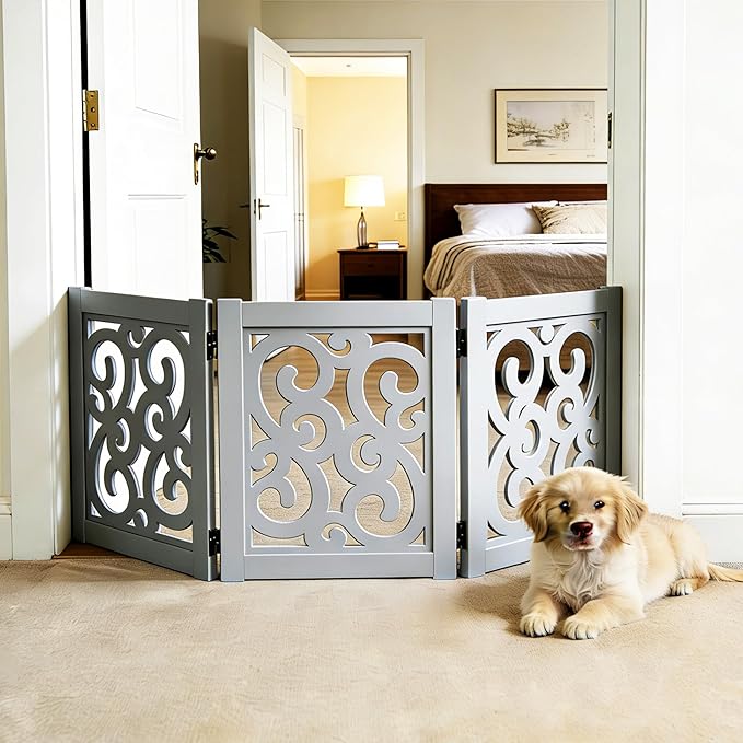 Ashfield & Harkness: 3-Panel Pet Gate - Scroll Grey - Wooden Foldable Freestanding Fence, Small Dogs & Puppy, 48 x 19.3, Indoor-Doorway-Halls-Stairs