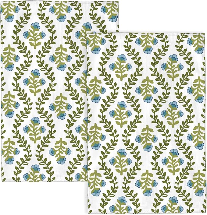 Blue Sage Green Floral Kitchen Towels Vintage Sage Green Floral Leaves Dish Towel 16×24 Inch Soft Absorbent Flowers Hand Cloths for Kitchen Drying Decore Set of 2