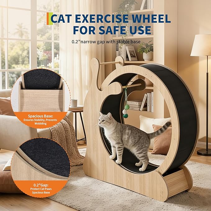 Large Cat Running Wheel, Cat Wheel for Indoor Cats 37.5" Inner Diameter Wood Pet Treadmill with Scratching Board and Playing Balls Quiet Cats Wheel Exerciser Natural Wood