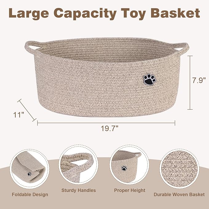 Optish Dog Toy Basket, Toy Storage Box and Bin with Handles, 19.7" X 11" X 7.9" (30L) Large Woven Rope Basket for Blankets, Living Room, Bedroom, Brown