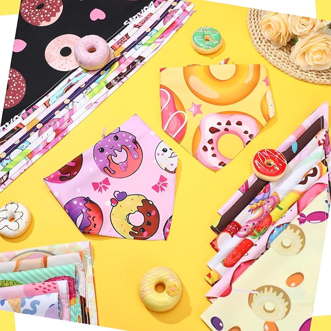 Huhumy 100 Pcs Donut Dog Bandanas Bulk Pet Bibs Colorful Triangle Scarf XL Donut Pet Bandanas for Medium Large Dogs Spring Summer Candyland Birthday Costume Decor