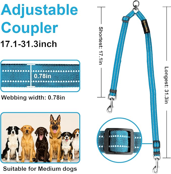MingXpet Double Dog Leash for Two Dogs, No Pull Dog Leash, 360° Swivel No Tangle for Medium Dogs Walking & Training, Shock Absorbing Reflective Bungee, Blue