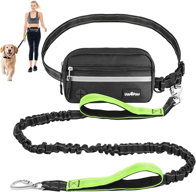 VavoPaw Hands Free Dog Leash with Pouch, Waist Leash for Dog Walking, Jogging, Hiking, Retractable Leashes with Dual Padded Handles, Adjustable Reflective Belt for Small Medium Large Dogs, Black Green