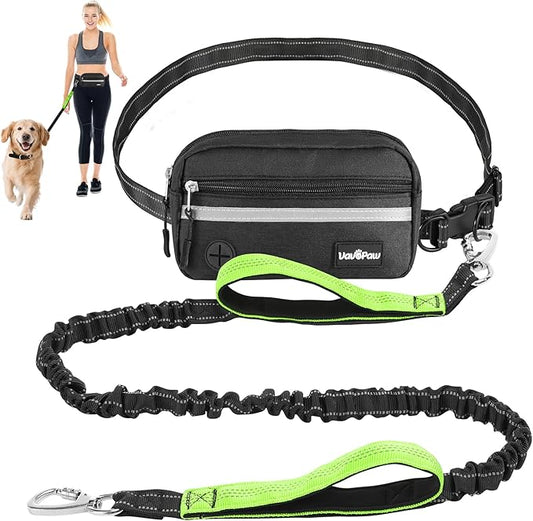 VavoPaw Hands Free Dog Leash with Pouch, Waist Leash for Dog Walking, Jogging, Hiking, Retractable Leashes with Dual Padded Handles, Adjustable Reflective Belt for Small Medium Large Dogs, Black Green