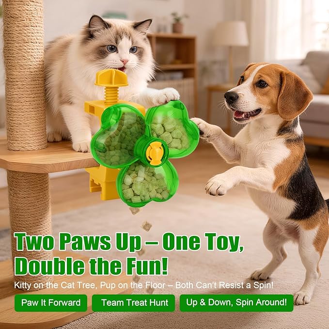 Cat Slow Feeder Puzzle Toy with Clamp Mount, Interactive Clover Treat Dispenser for Small Dogs & Cats, 3 Adjustable Feeding Openings for Dry Food, Enrichment Food Dispenser for Indoor/Outdoor