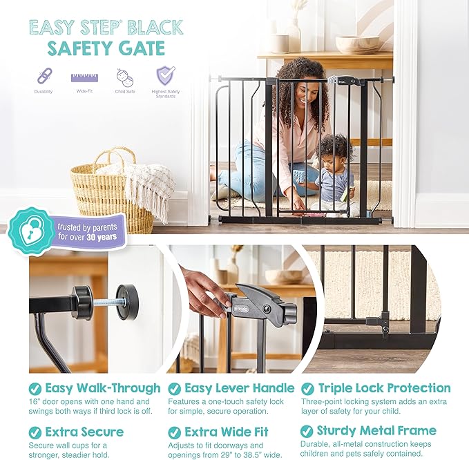Regalo Safety 29-38.5" Baby Gate for Doorways & Bottom of Stairs, Pressure Mounted Baby Gate with Door for Babies, Toddlers & Pets, Tested & Safe for 30 Years, American Designed, American Owned, Black
