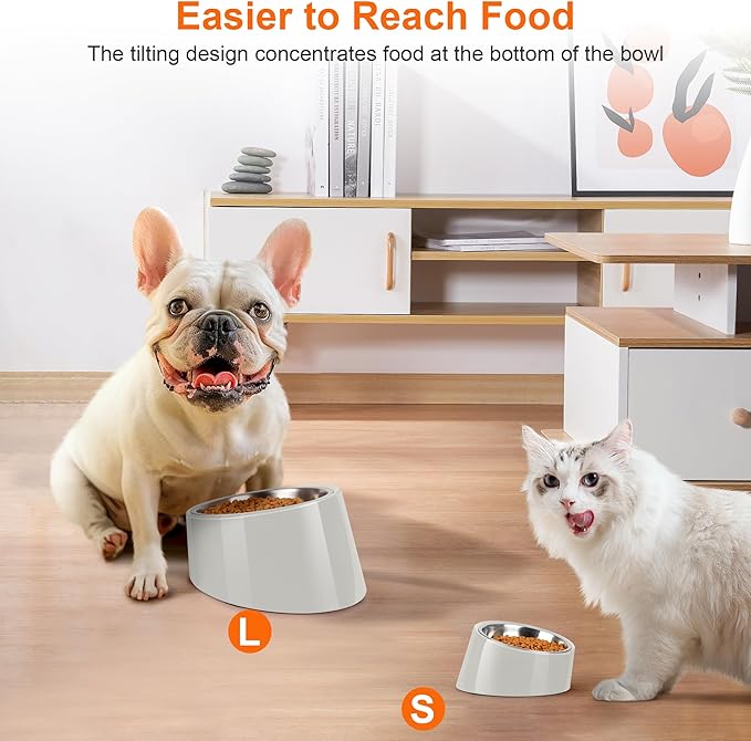 Tilted Dog Bowl Non-Slip & Non-Spill Pet Feeder with Elevated Detachable Melamine Stand, Easy to Get Food Dog Dish, M/180ml Gray