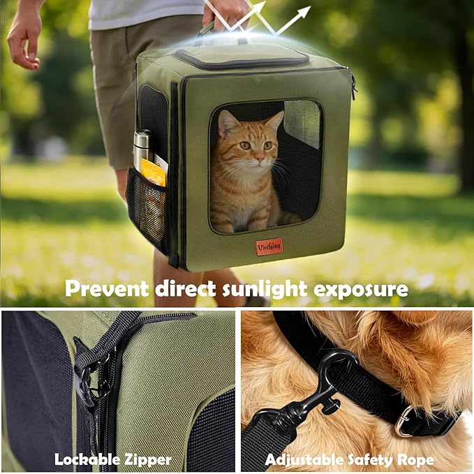 Vivifying Dog Backpack Carrier, 16.5"×15"×10.6" Breathable Pet Backpack for Travel with Sunshade, Locking Zippers & Thickened Bottom for Small Dogs and Cats up to 18 lb (Military Green)