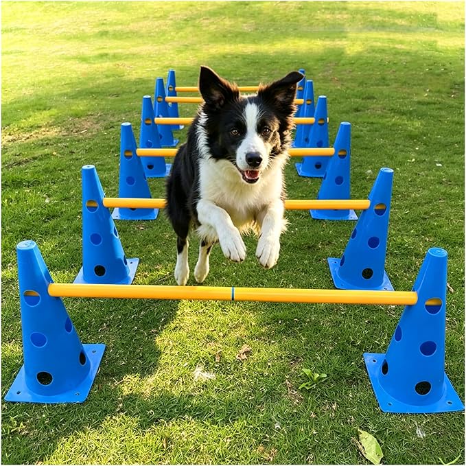 Dog Agility Hurdle Cone Set, Adjustable Height Dog Agility Course for Backyard Training, 12 Cones with PVC Crossbar, 3 Height Levels (12 Pack)