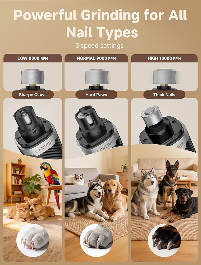 Dog Nail Grinder, Quiet Electric Dog Nail Trimmer with 2 LED Lights, 3-Speed Pet Nail Grinder for Dogs & Cats, Rechargeable 2000mAh Nail Grinder for Small Medium Large Dogs with Light, Black