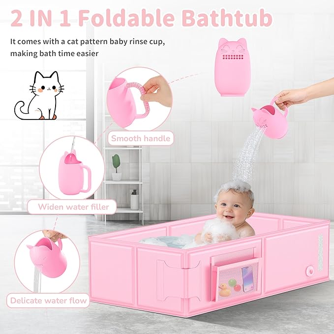 Foldable Baby Bathtub, Converts Shower to Tub, 2-in-1 Portable Toddler Tub with Rinse Cup, No Assembly Easy to Clean, Space-Saving Collapsible Baby Bath Tub for Small Bathroom, Travel & Camping, 6M-5Y