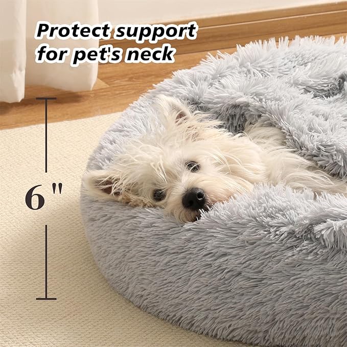 Calming Donut Dog Bed with Hooded Blanket – Plush Fluffy Cave Bed for Small & Medium Dogs, Machine Washable Anti-Anxiety Pet Bed for Cats