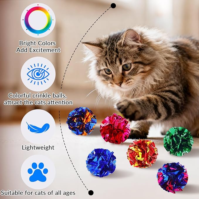 Crinkle Cat Toy Balls, 12Pcs 2.47'' Mylar Balls, Interactive Crinkle Ball, Colorful Paper Ball Chase Training Activity for Cats kitten Assorted Color, Chase Training Activity for Cats (12 Pack)