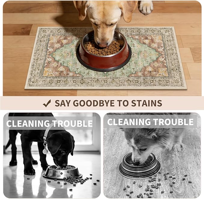 Boho Dog Feeding Mat, Absorbent Cat Matt for Food, Non Slip Pet Water Bowl Placemat Small for Floor, Olive Green & Rust & Bright Blue Indoor Dog Eating Dish Mat 12"x20"