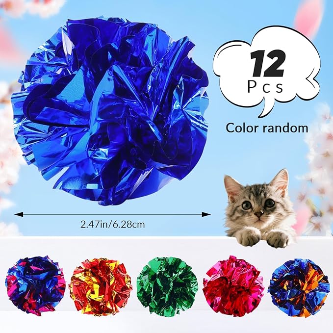 Crinkle Cat Toy Balls, 12Pcs 2.47'' Mylar Balls, Interactive Crinkle Ball, Colorful Paper Ball Chase Training Activity for Cats kitten Assorted Color, Chase Training Activity for Cats (12 Pack)