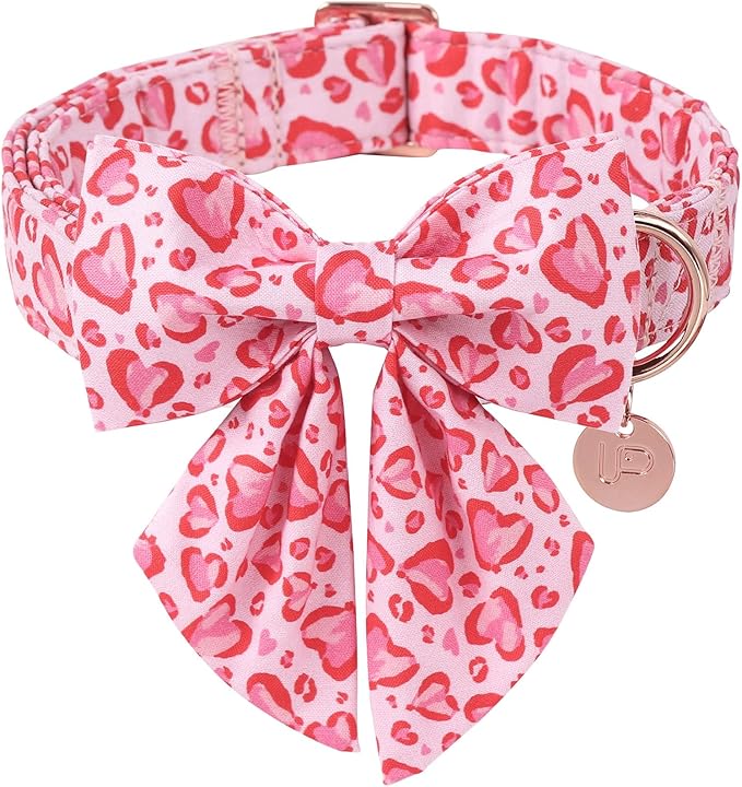 Valentine’s Day Dog Collar with Bow Tie, Pink Heart Bowtie Collar with Metal Buckle, Valentine’s Day Gift Pet Collar for Puppy Girl Boy Dog or Cat, Wedding Dog Collar, L, Neck 16-24in